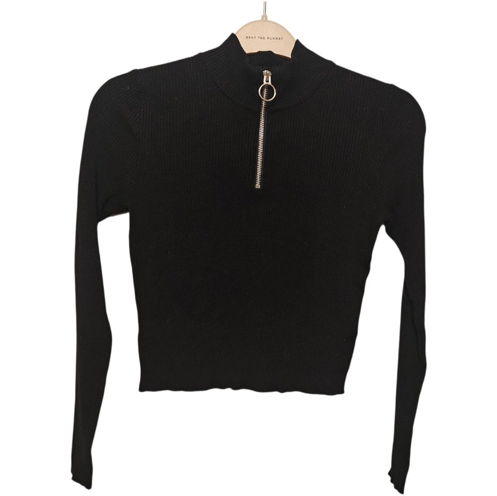 H&M Divided Black Ribbed Mock Neck Crop Top Ring Zipper Size M